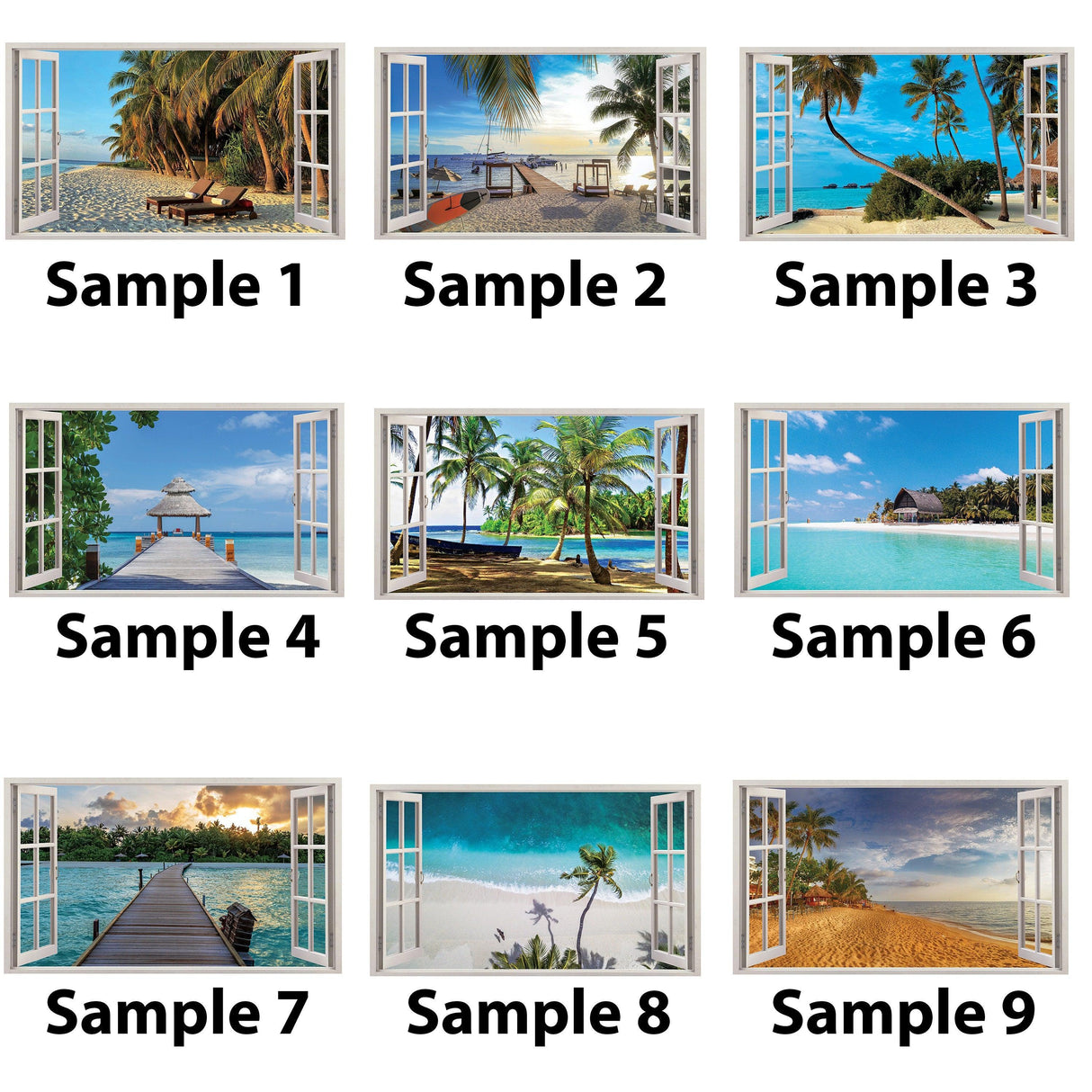 Collection of 3D beach view wall stickers showcasing various ocean scenes from different angles.