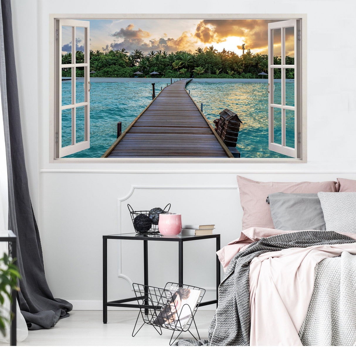 3D window beach view wall sticker featuring a wooden pier over tranquil turquoise water with a sunset backdrop.