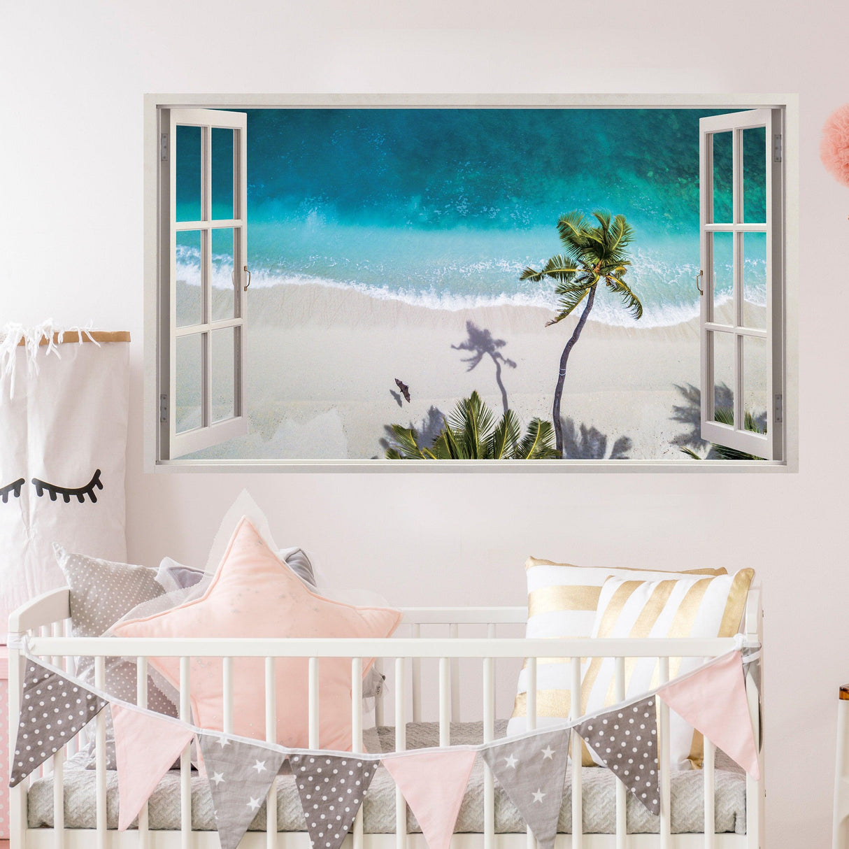 3D window beach view wall sticker with ocean scene, palm trees, perfect for bedroom decor.