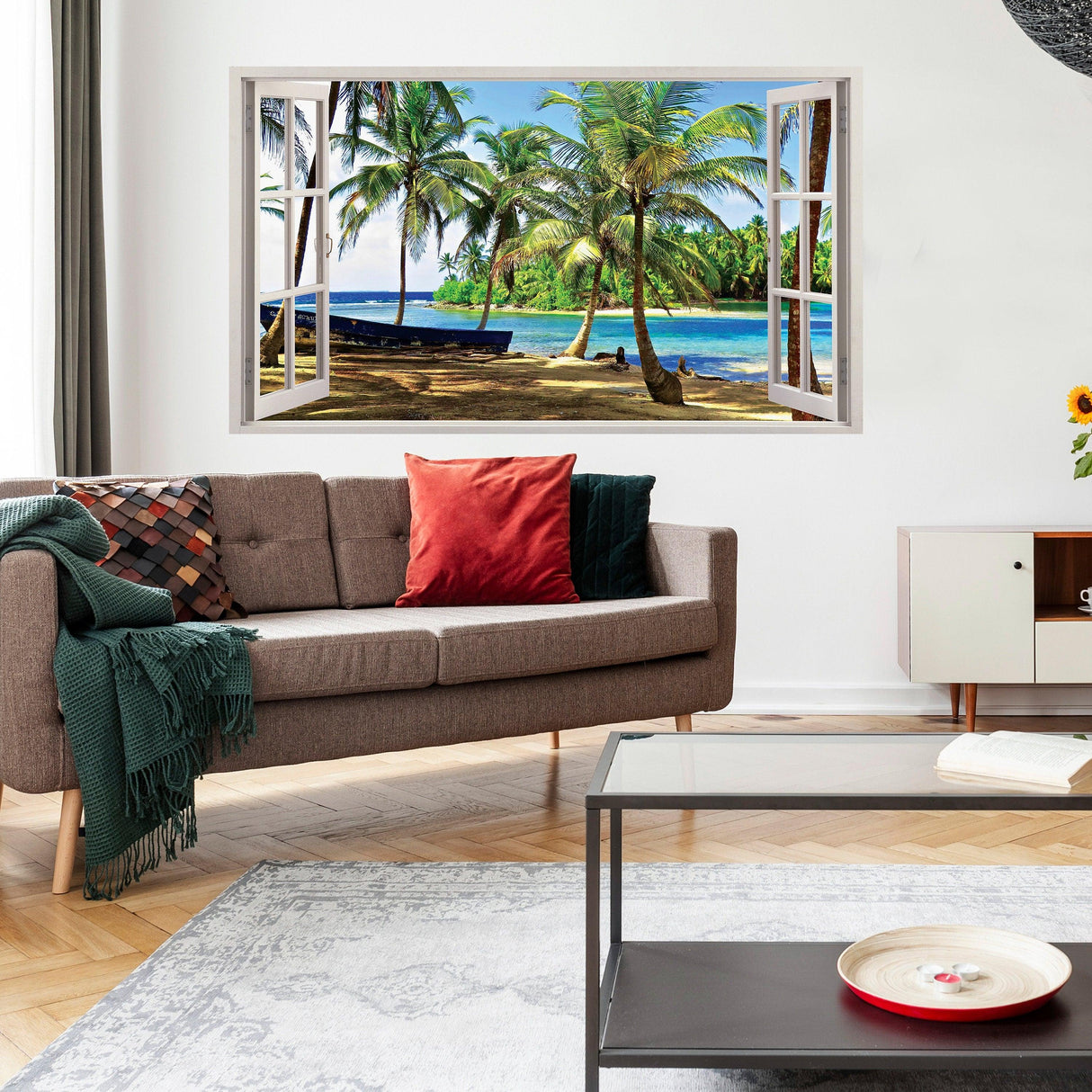 3D window beach view wall sticker featuring palm trees and ocean scene, enhancing living room decor.