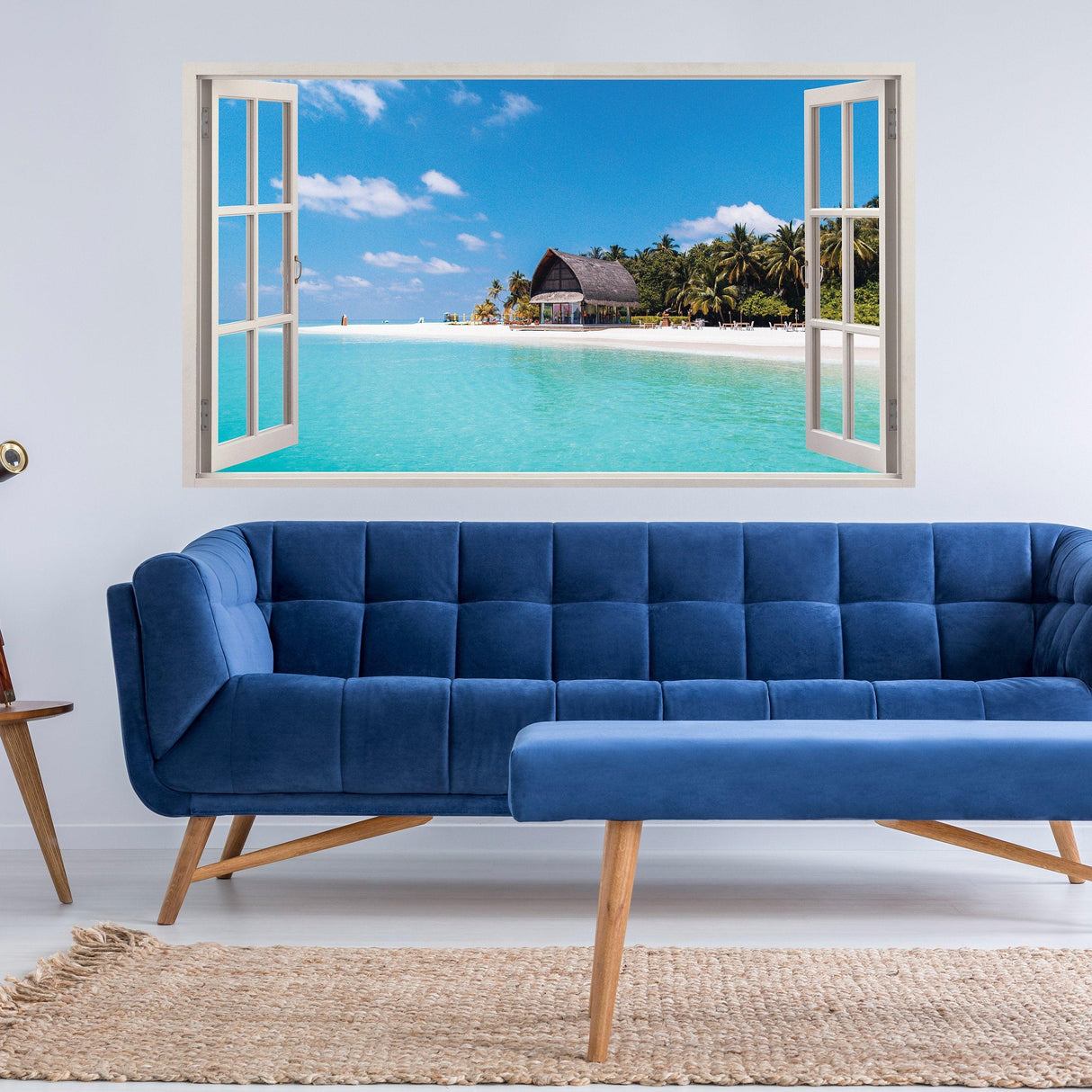 3D window beach view wall sticker featuring a serene ocean scene, enhancing bedroom decor with nature's tranquility.
