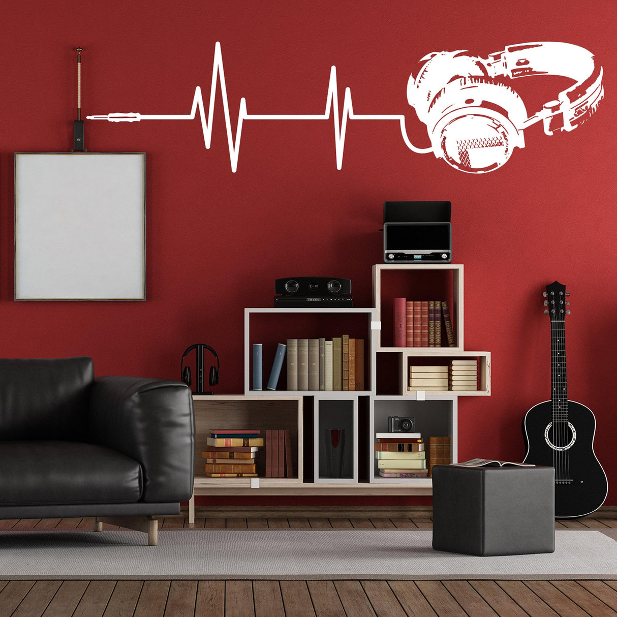 Cool music wall decal featuring DJ headphones and sound waves on a red wall, perfect for teen boy's room decor.