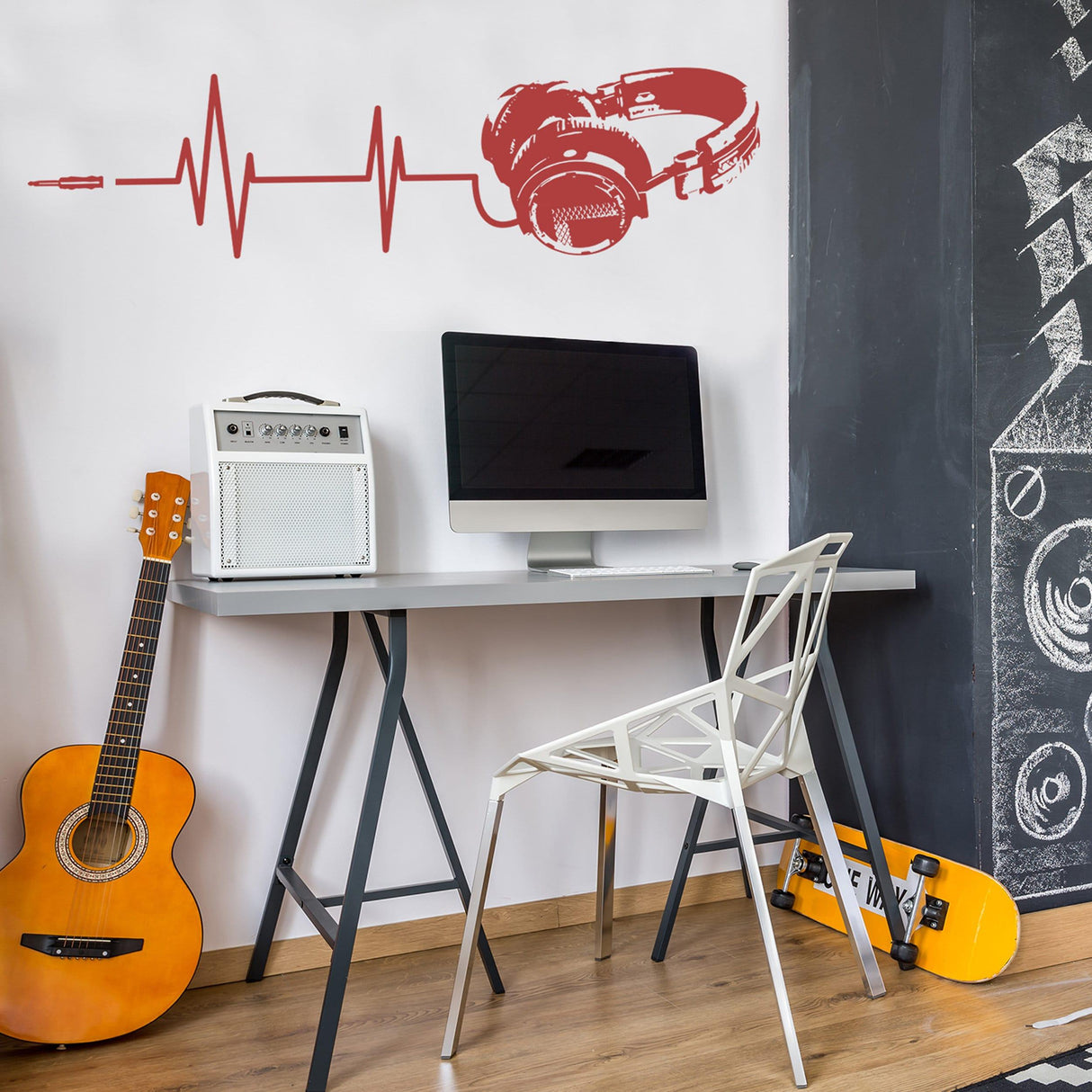 Cool DJ headphone wall decal with heartbeat design in modern teen boy's room decor.