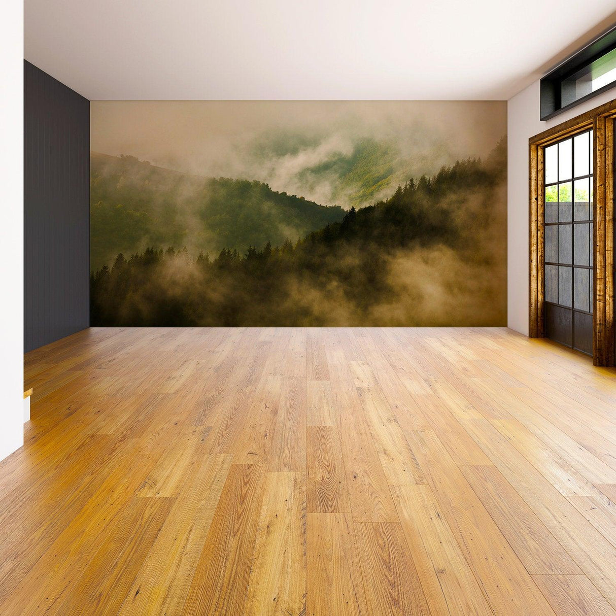 Foggy forest wallpaper mural in a room with wooden floor and large windows, creating a serene atmosphere.