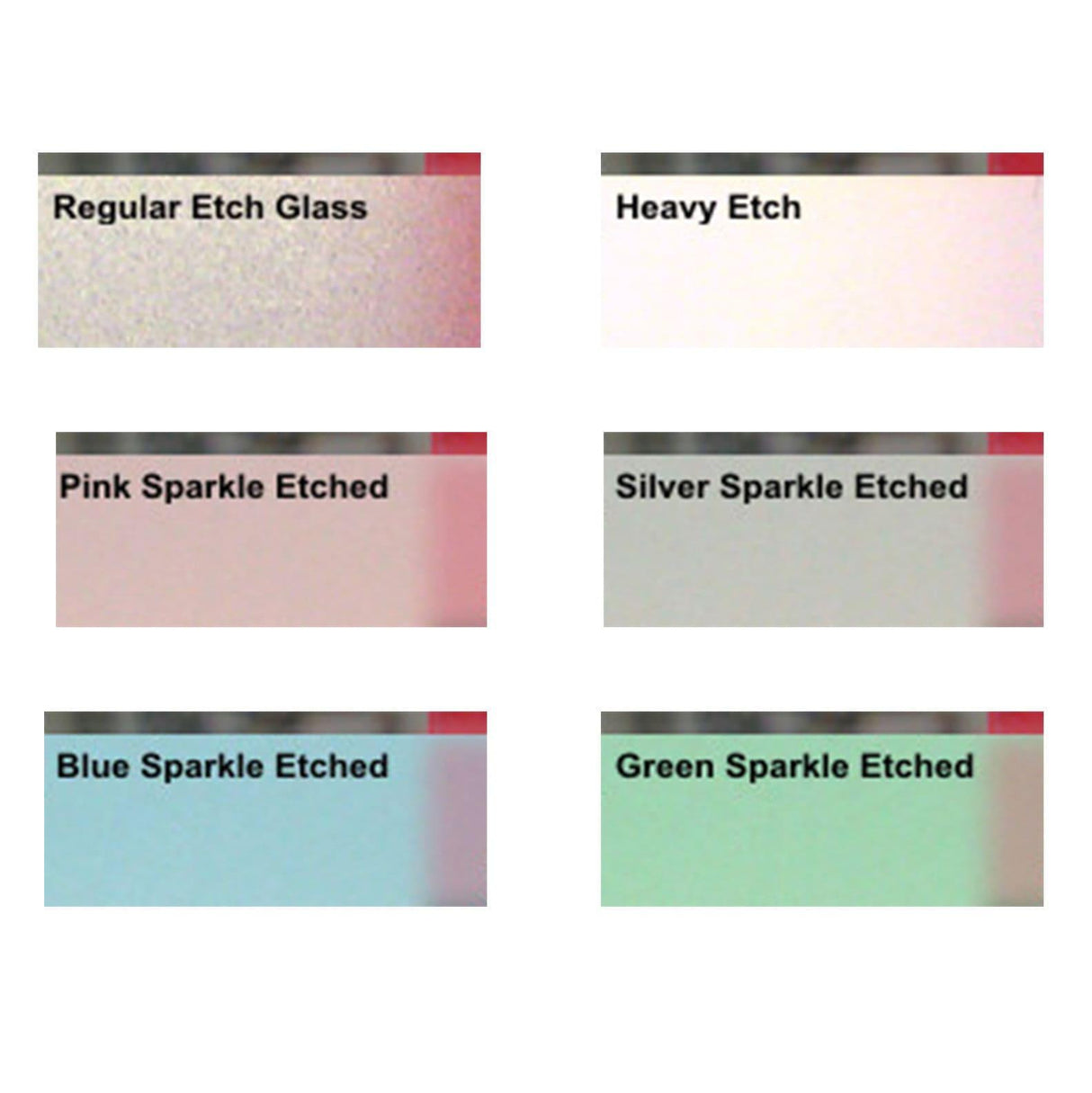 Swatches of frosted window film finishes: Regular, Heavy, Pink, Silver, Blue, and Green Sparkle Etched.