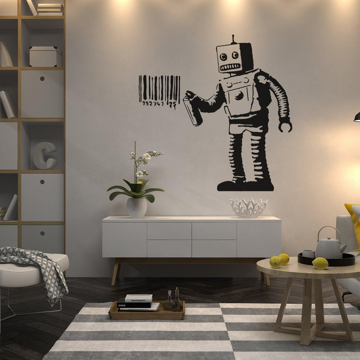 Banksy Barcode Robot Wall Vinyl Sticker in urban living room decor, showcasing graffiti art and a unique robot design.