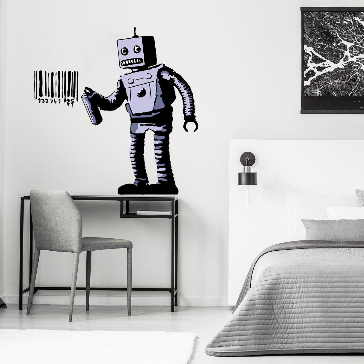 Banksy Barcode Robot Vinyl Sticker on wall, showcasing street art style with a whimsical robot and barcode design.