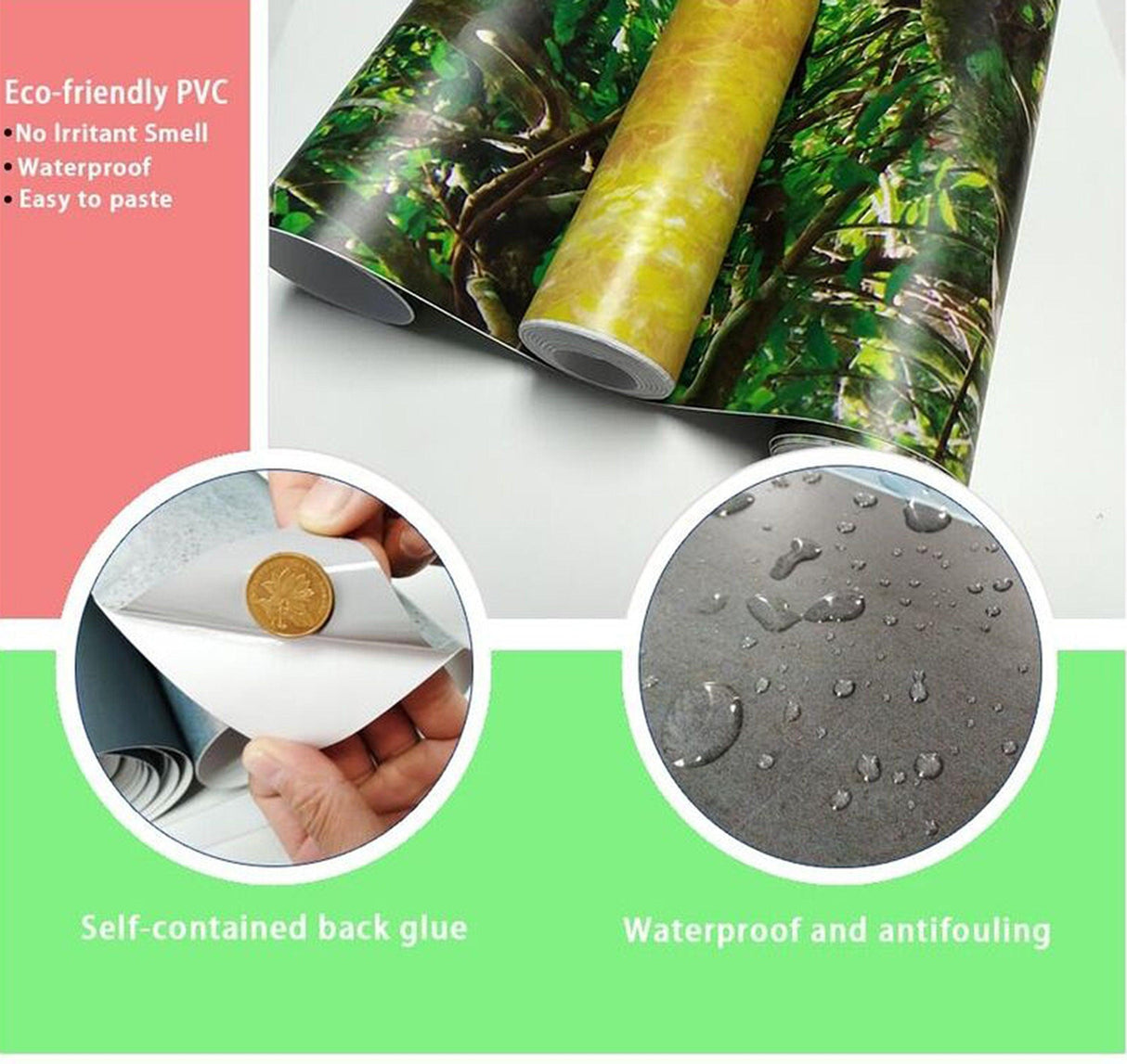 Eco-friendly PVC door cover sticker rolls showcasing waterproof and self-adhesive features for easy installation.