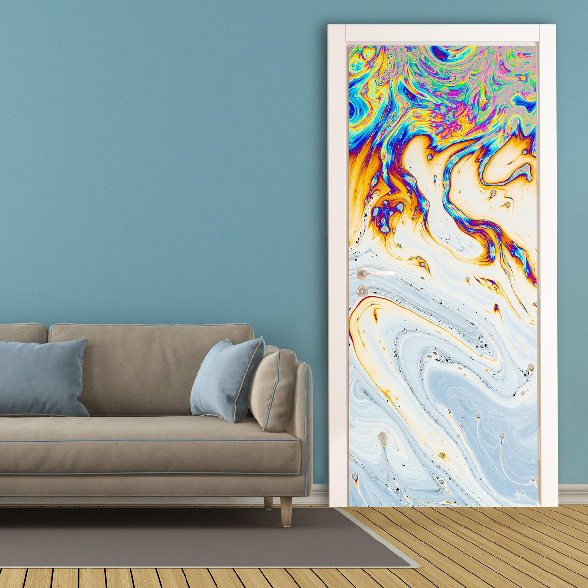 3D door cover sticker with abstract swirl design on a wall next to a cozy couch in a stylish room.