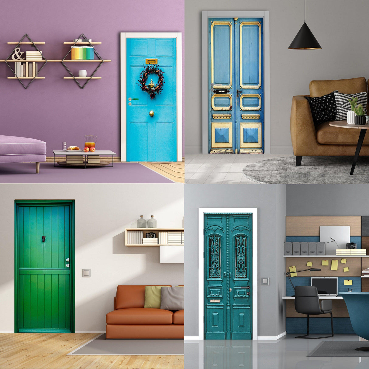 Collage of colorful doors in different styles, showcasing blue, green, and vintage designs in modern interiors.