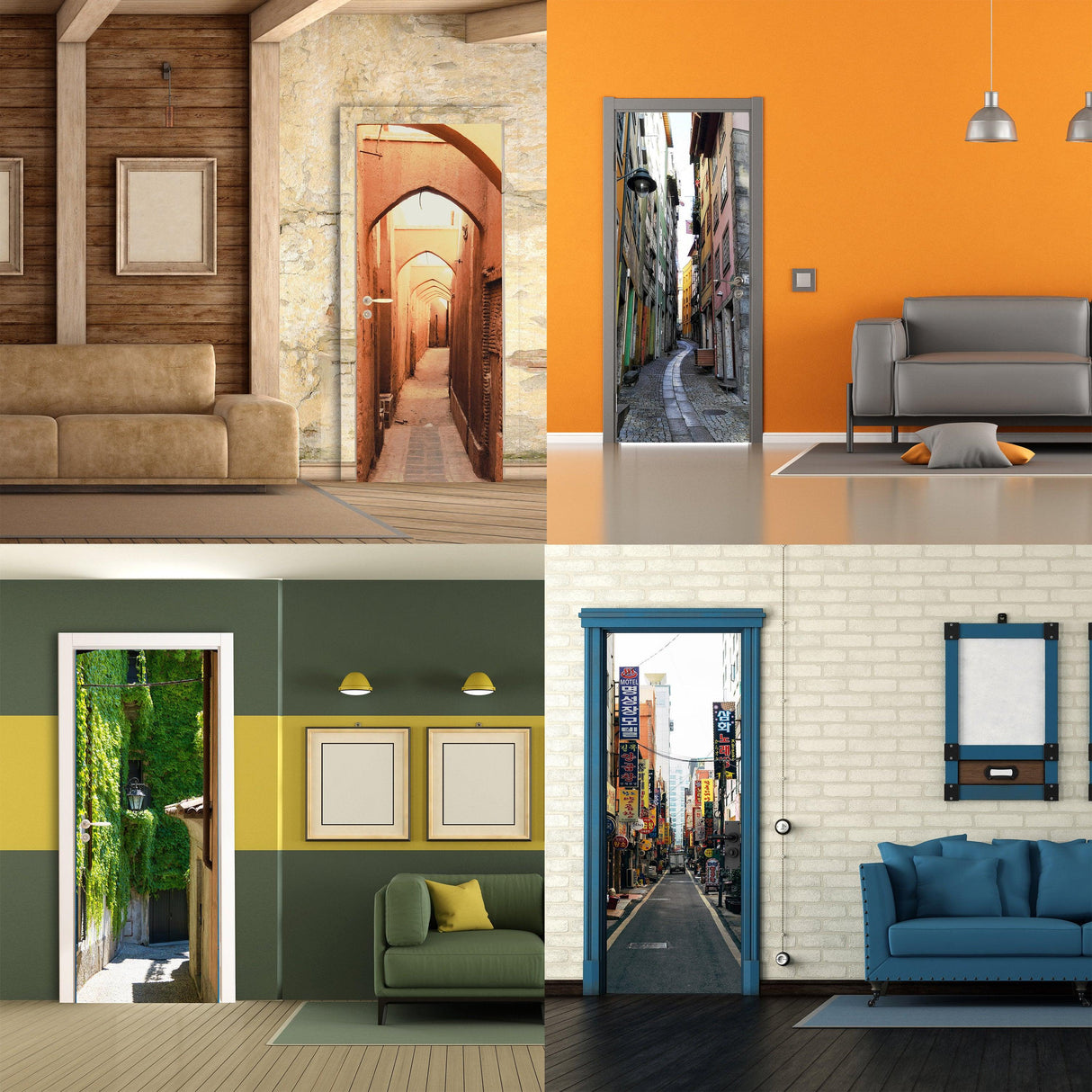 Collage of stylish interiors featuring 3D door cover stickers with urban street wallpaper designs.
