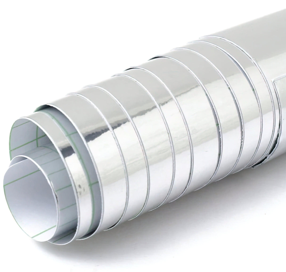 Silver chrome vinyl wrap roll, showcasing a mirrored metallic finish, ideal for interior sticker applications.