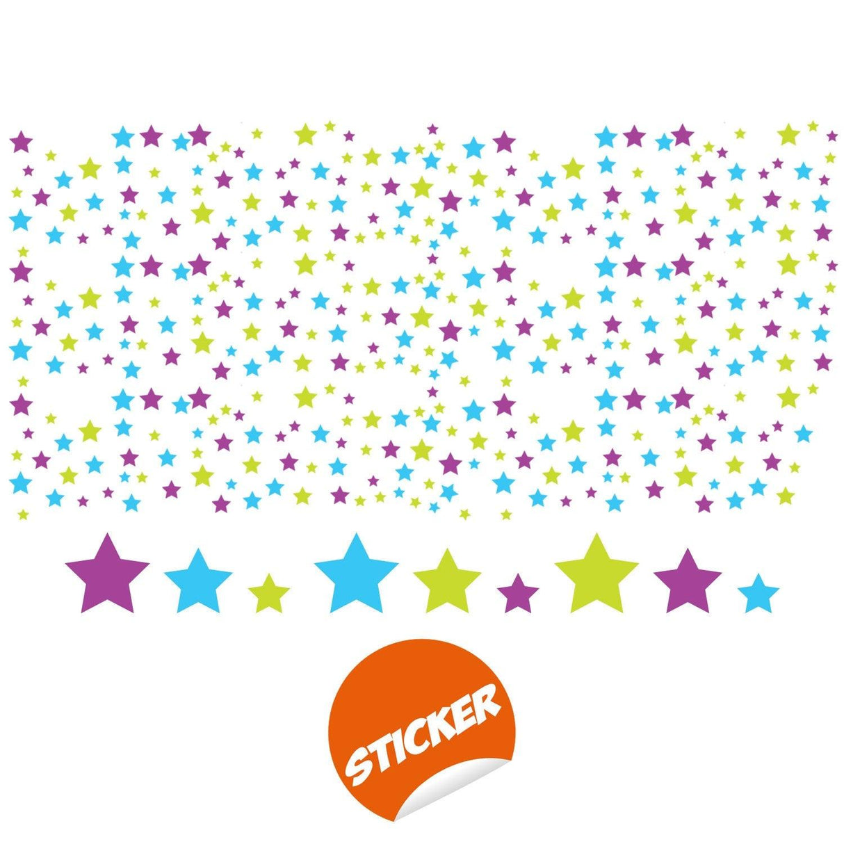 Colorful removable star wall decals in various sizes, perfect for nursery decor and children's rooms.
