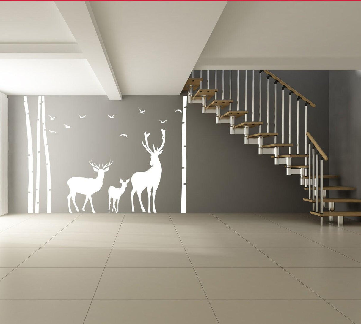 Deer and moose wildlife wall decal in a modern interior with birch trees and staircase, perfect for nursery decor.