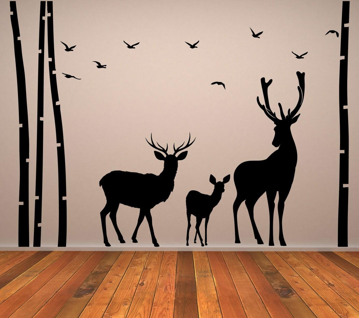 Deer and moose wildlife wall decal in birch tree forest design, ideal for nursery or kids room decor.