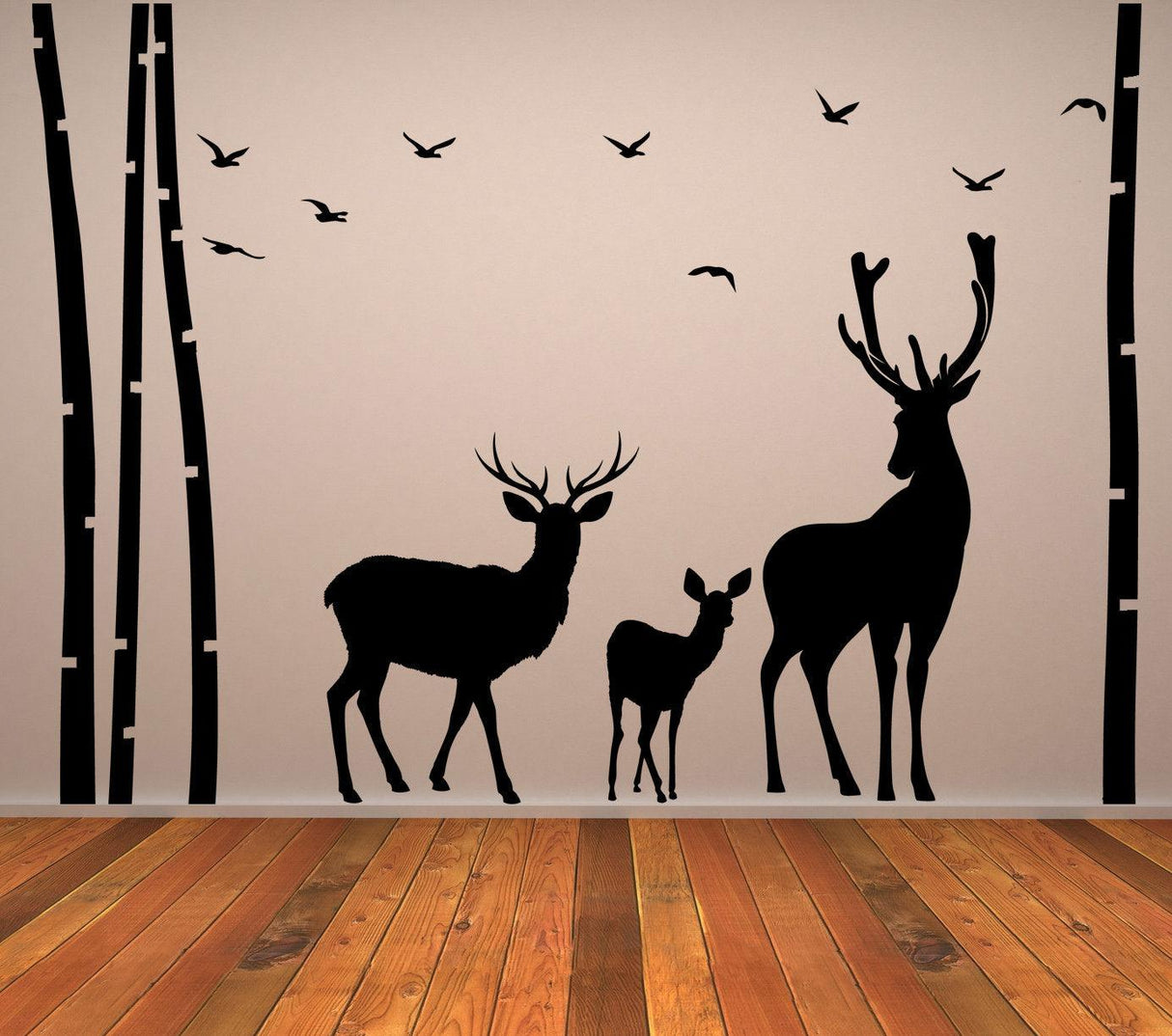Deer and moose wildlife wall decal featuring birch trees and birds, ideal for nursery and kids room decor.