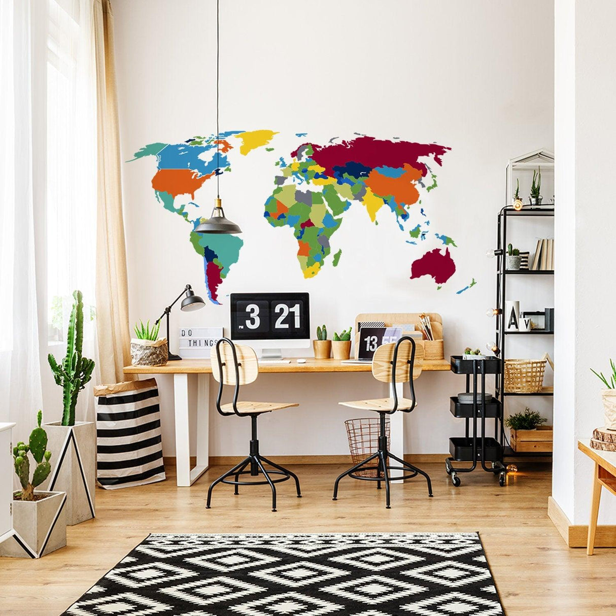 Colorful world map wall decal in modern home office, ideal for travel lovers and chic decor.