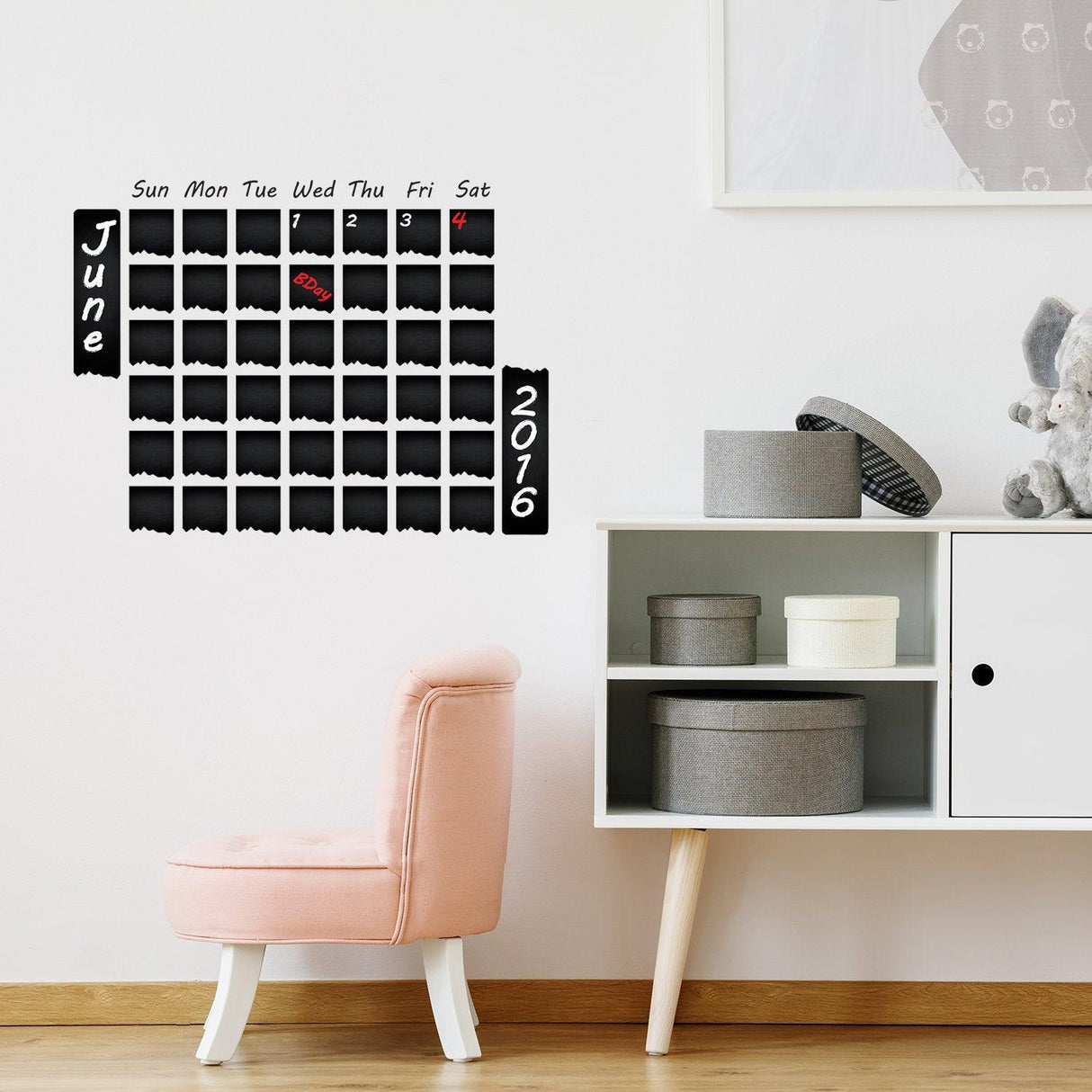 Chalkboard wall planner sticker for June 2016, perfect for organizing tasks and meals in a stylish kitchen or home office.