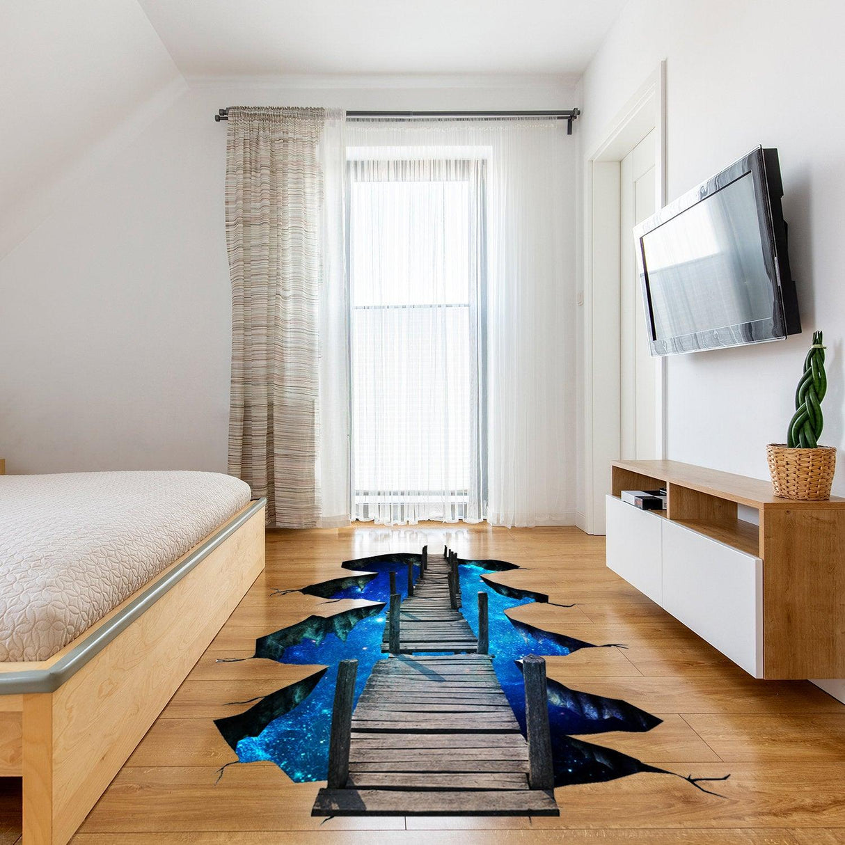 3D space portal floor decal in a modern bedroom, creating a galaxy art illusion with a wooden bridge design.