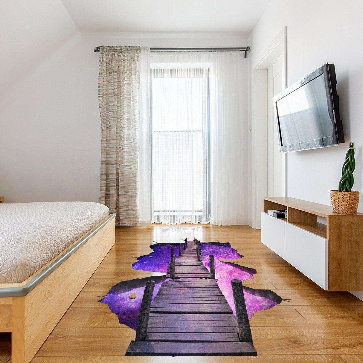 3D floor space portal hole decal featuring a galaxy art design with a wooden dock in a modern bedroom.