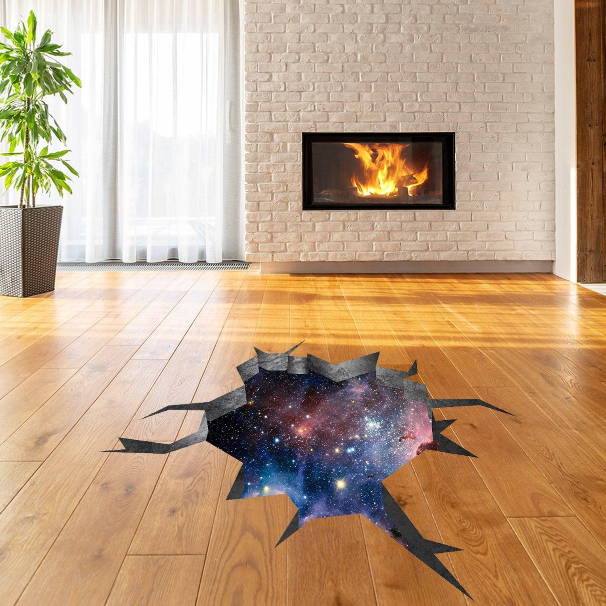 3D galaxy portal hole decal on wooden floor in living room, adding fun decor for kids and teens.