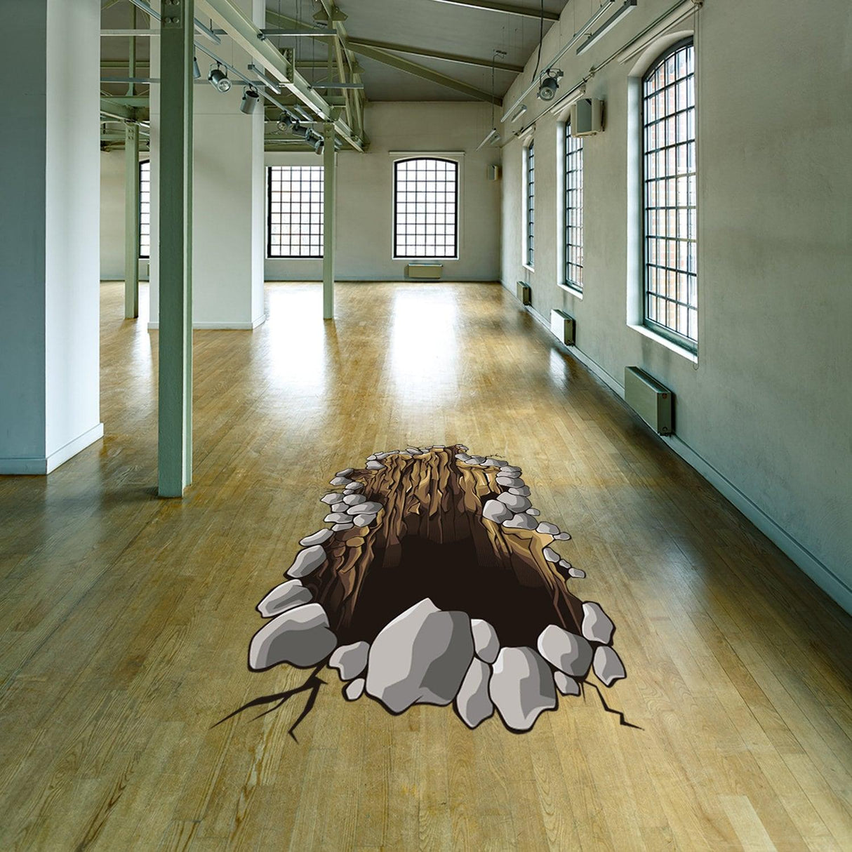 3D floor decal featuring a portal design with rocks, enhancing kid's living room decor with an immersive effect.