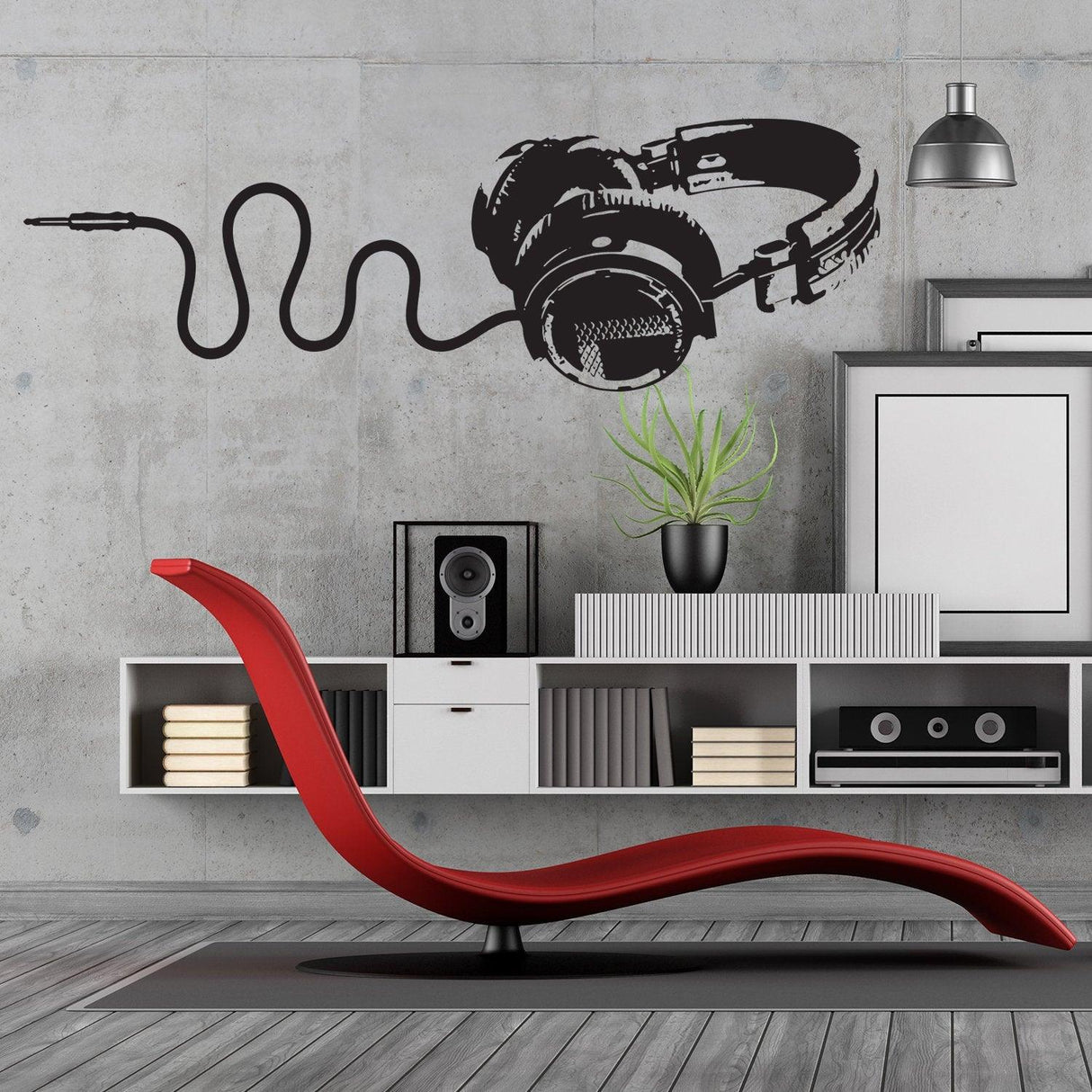Vinyl DJ headphones wall decal in a modern room setting, perfect for a teen boy's music-themed decor.