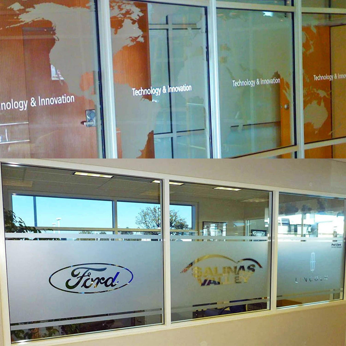 Frosted window film decals showing company logos and text for privacy and style in an office setting.