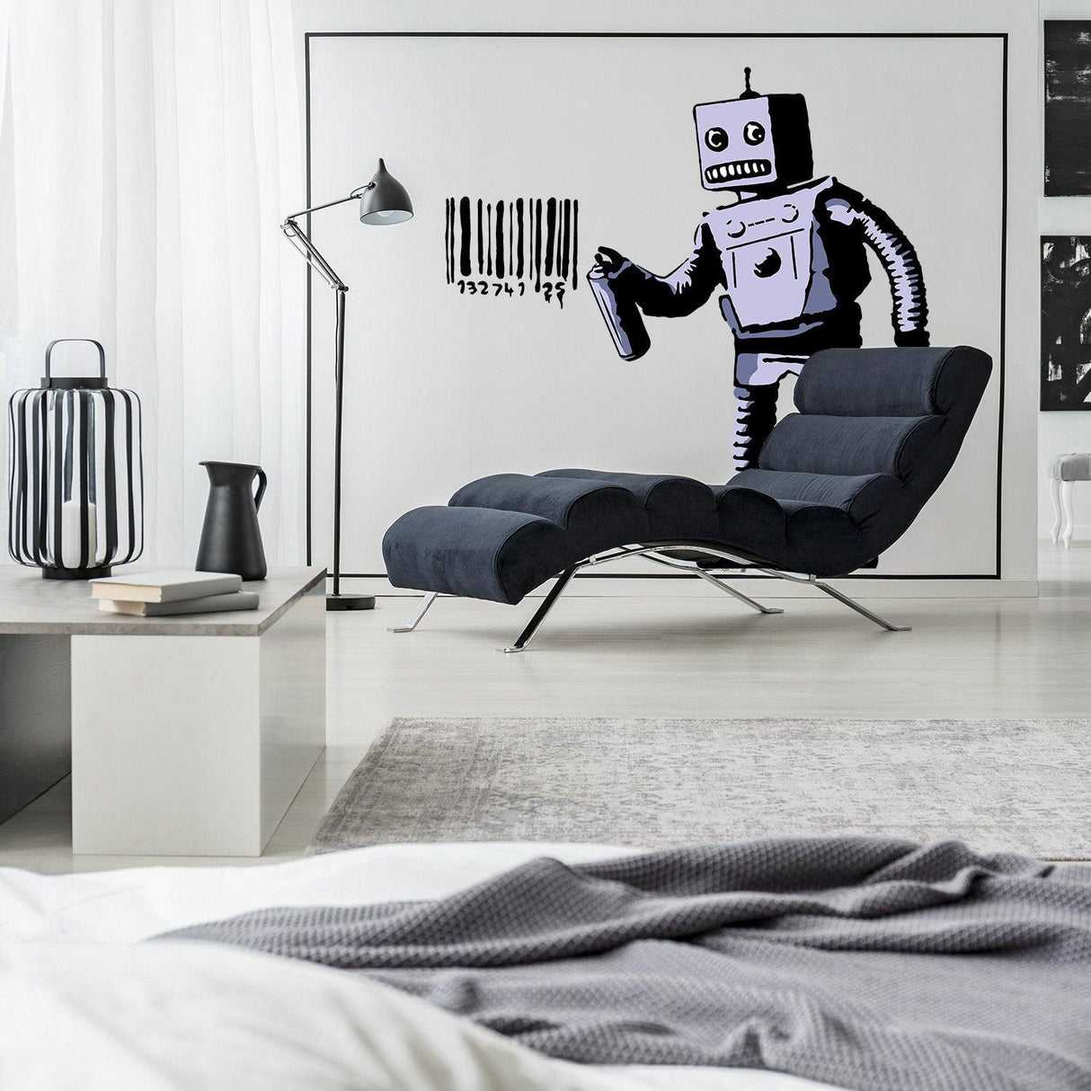 Banksy Barcode Robot Wall Vinyl Sticker on a modern living room wall, featuring urban graffiti art design.