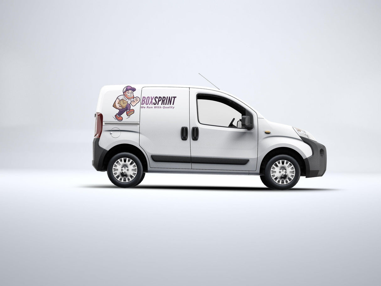 Custom vinyl decal on a white delivery van showcasing BoxSprint branding.