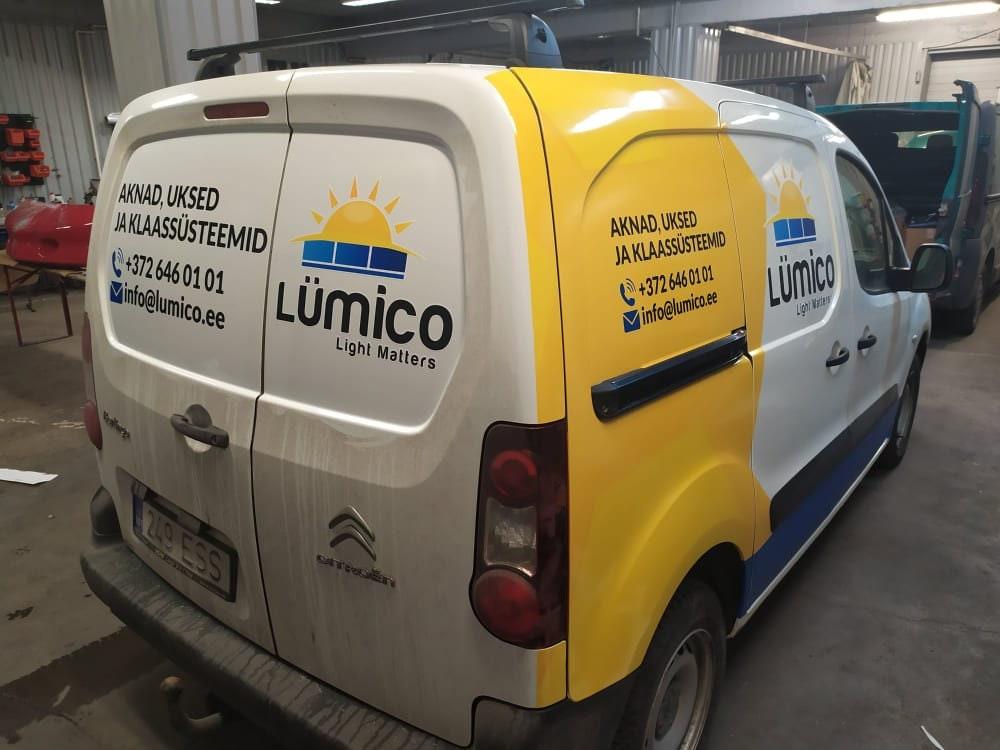 Custom van wrap featuring Lumico branding and contact information for light materials services.