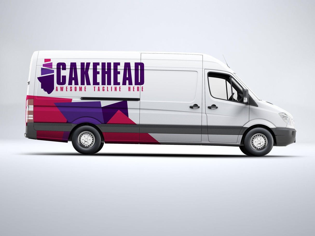 Custom branded delivery van with vibrant graphics and logo for Cakehead.