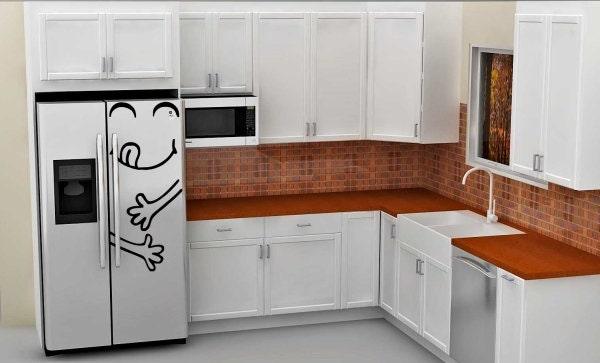 Whimsical kitchen with a 16" Happy Face fridge decal adding a playful touch to the modern decor.