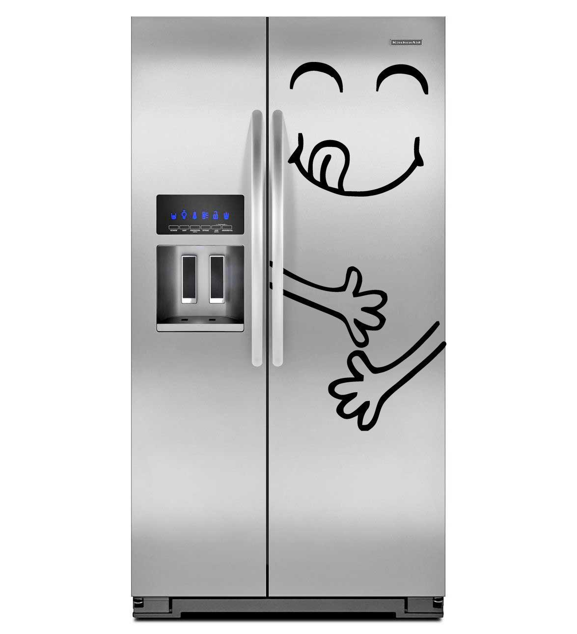 Funny happy face refrigerator decal on a stainless steel fridge door, adding a playful touch to kitchen decor.