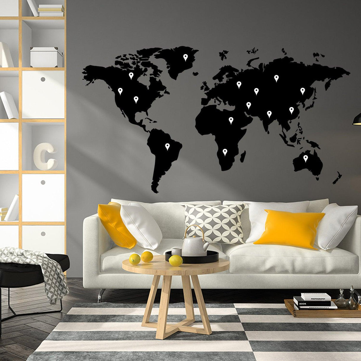 Large world map wall decal decor sticker displayed in a modern living room setting.