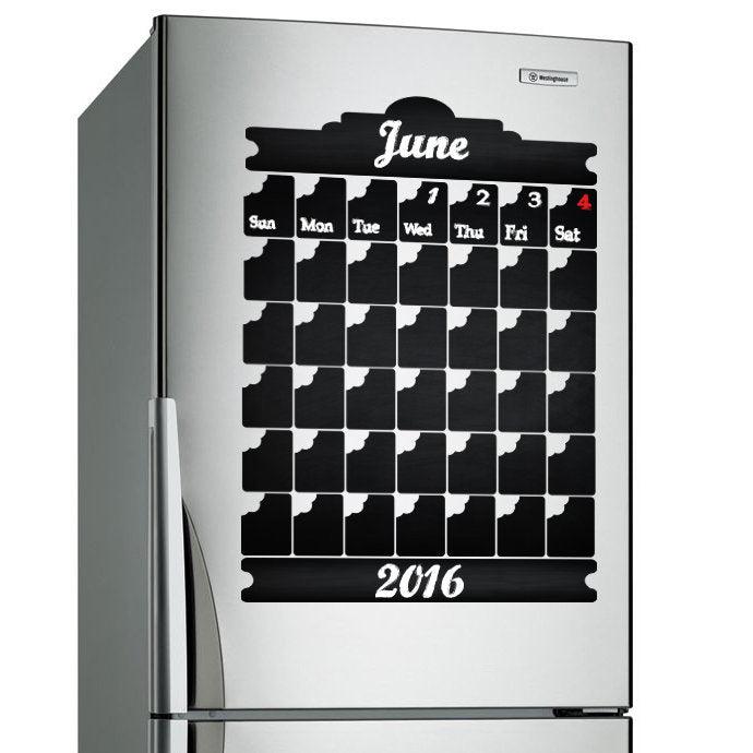 Chalkboard wall calendar sticker on refrigerator for organizing daily tasks and meal planning, featuring June 2016.