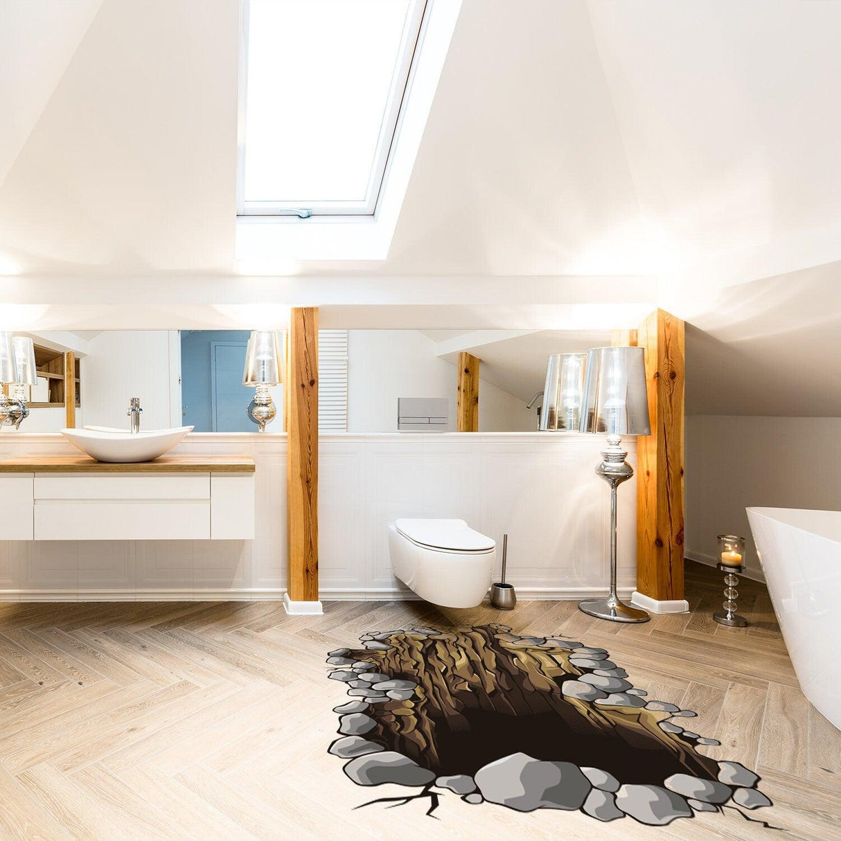 3D floor decal of a broken floor design in a modern bathroom, creating an immersive and playful atmosphere.