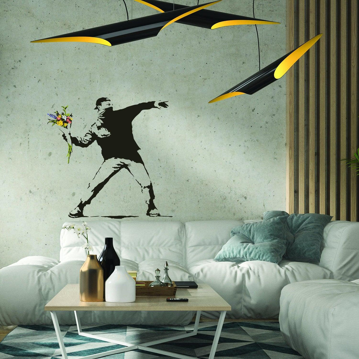 Banksy Flower Thrower wall decal displayed in a modern living room with stylish decor and lighting.