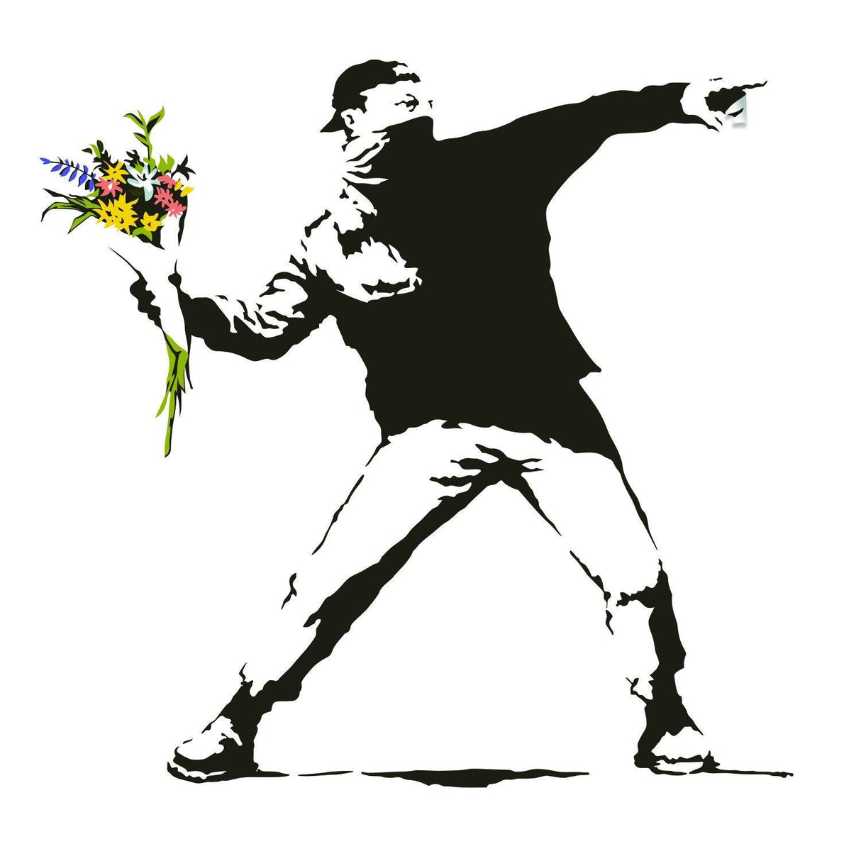 Banksy Flower Thrower Wall Decal showcasing a figure throwing flowers, symbolizing peace and protest, in vibrant graffiti style.