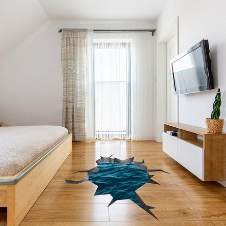 3D ocean hole floor decal for kids' room or bathroom, creating an underwater effect in a cozy space.