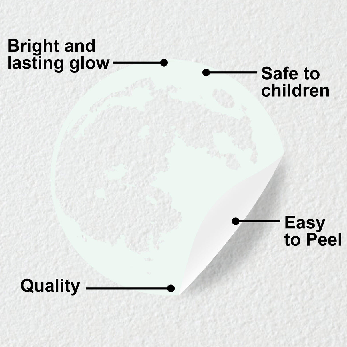 Glow in the dark moon wall sticker features: bright glow, child-safe, easy to peel, and high quality.