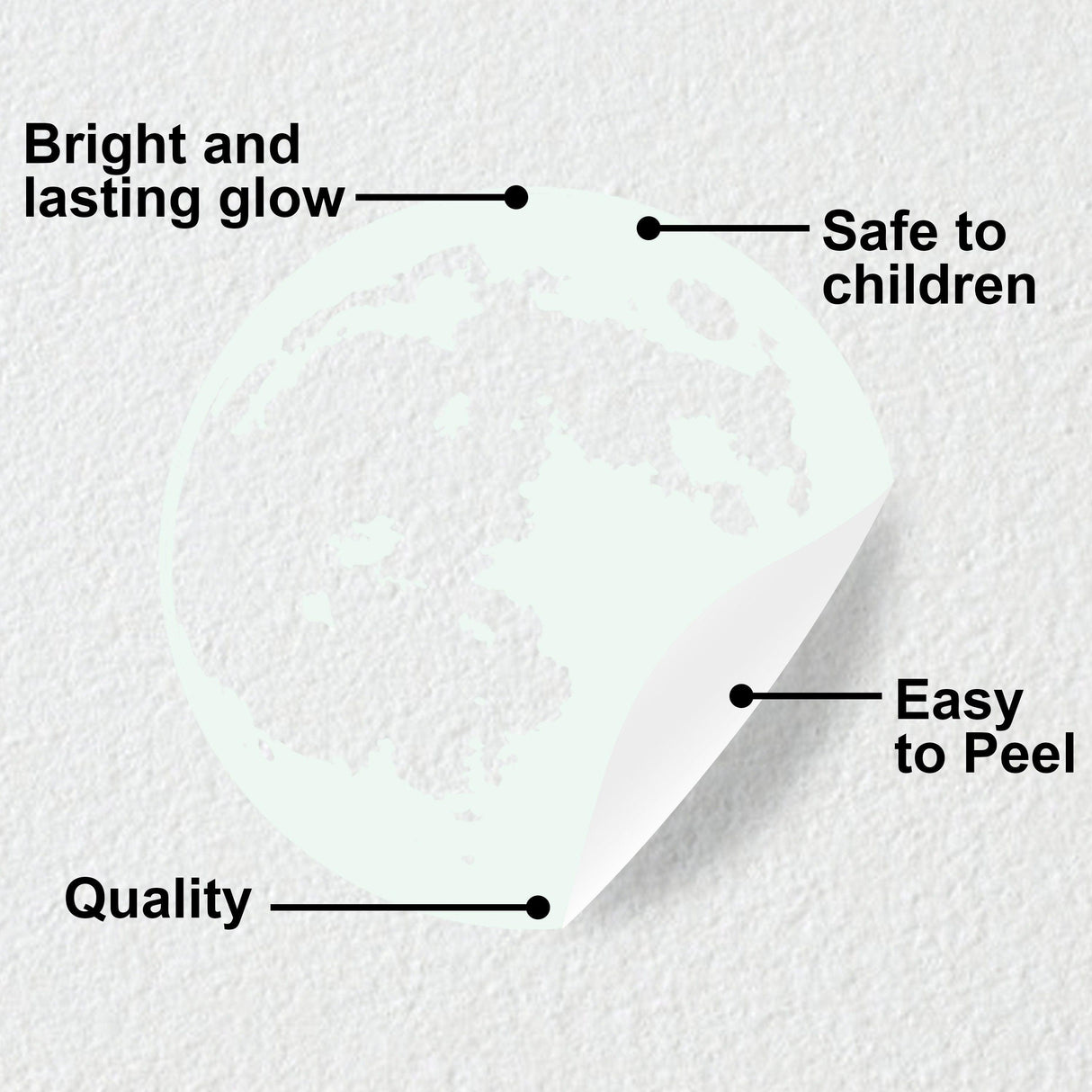 Glow in the dark moon wall sticker features: bright glow, safe for children, easy to peel, quality material.