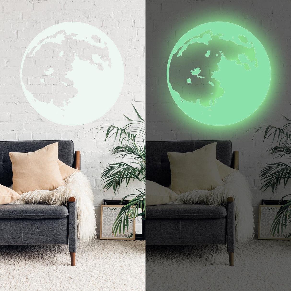Glow in the dark moon wall sticker on a living room wall, showcasing its day and night appearance.