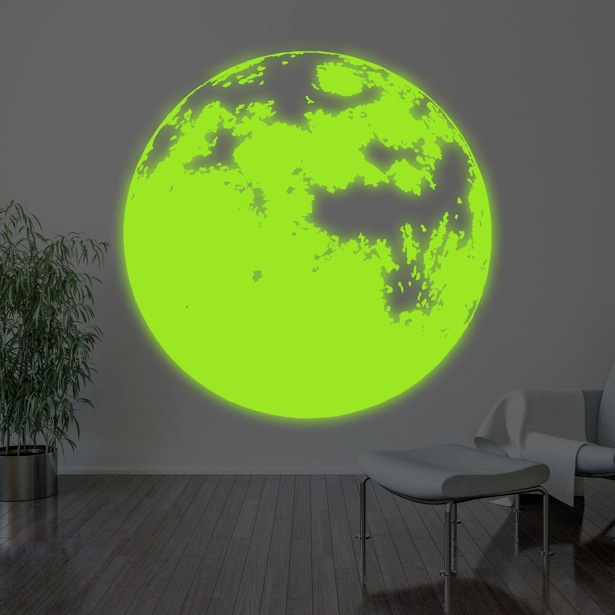 Glow in the dark moon wall sticker illuminating a room, perfect for kids' bedrooms and magical decor.