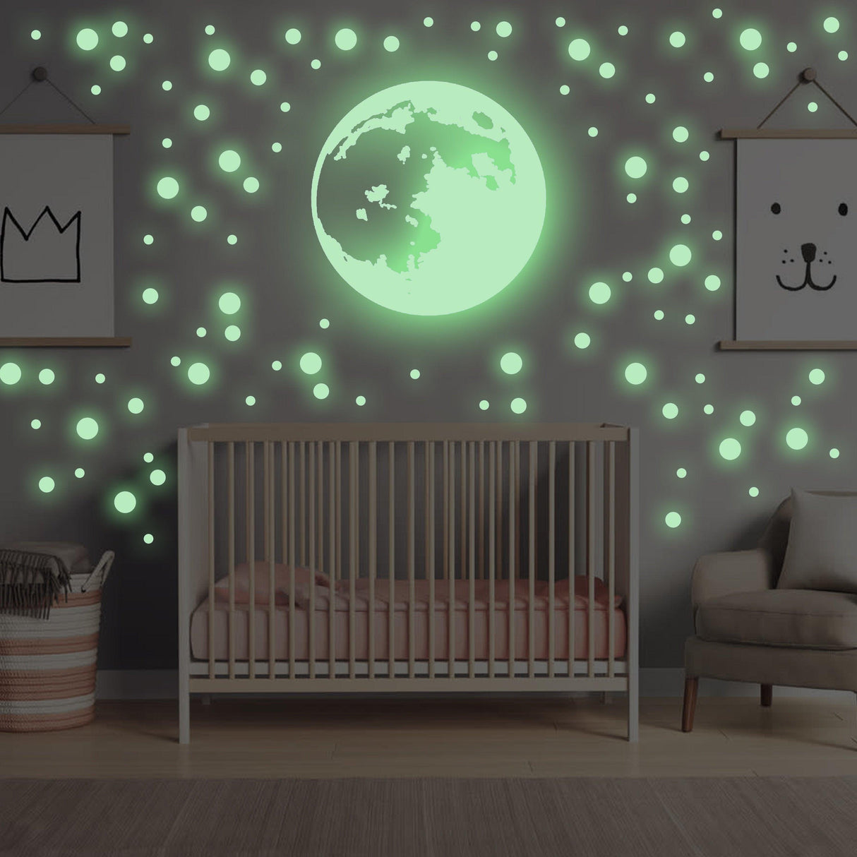 Glow in the dark moon and stars wall sticker in a cozy nursery, creating a magical atmosphere for kids.
