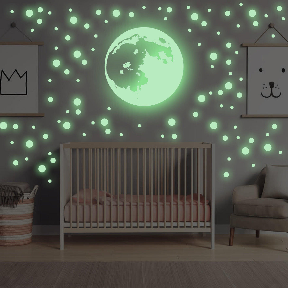 Glow in the dark moon and stars wall sticker in a child's bedroom with crib and playful decor.