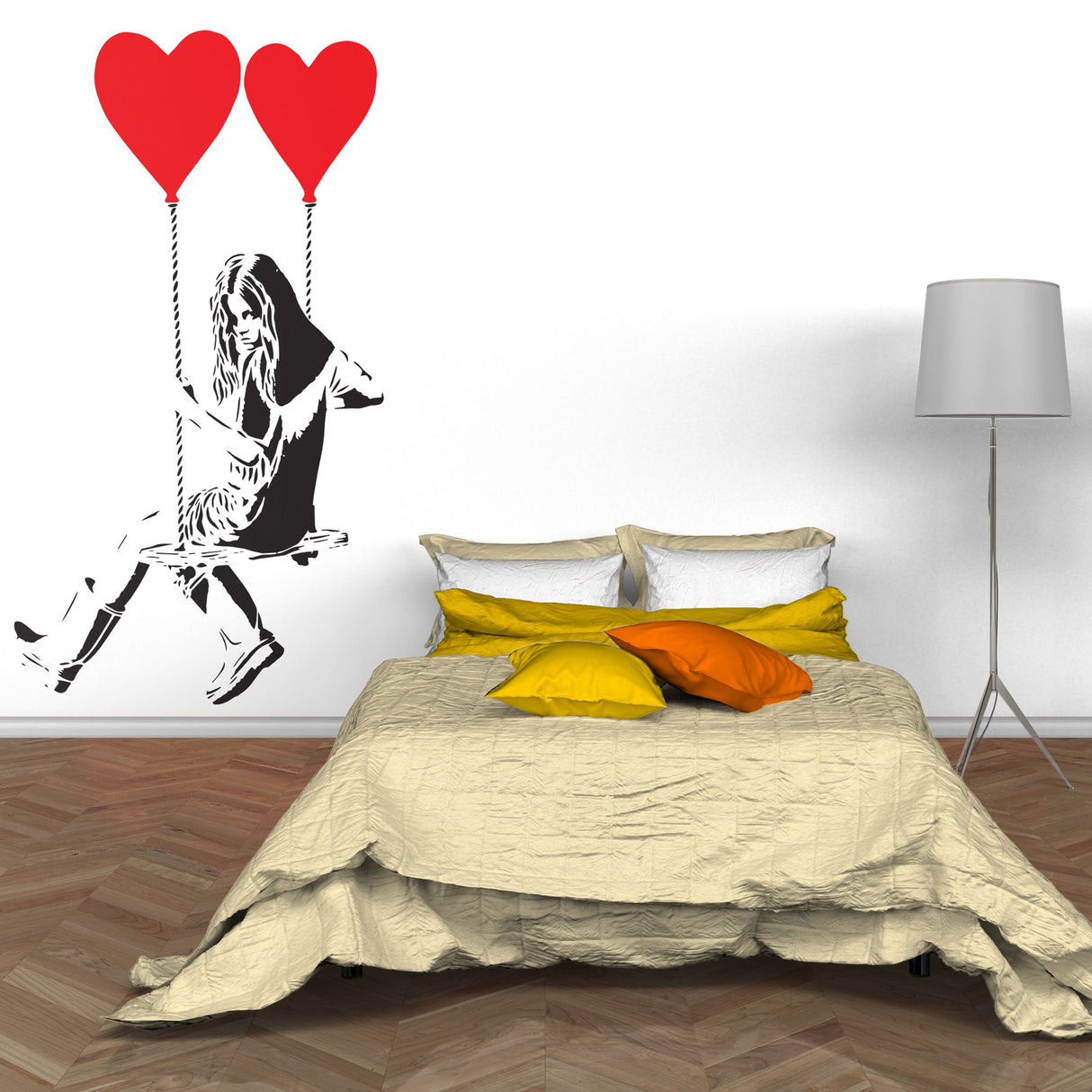 Banksy Girl With Heart Balloon wall sticker above a stylish bed with colorful pillows, adding artful whimsy to the room.