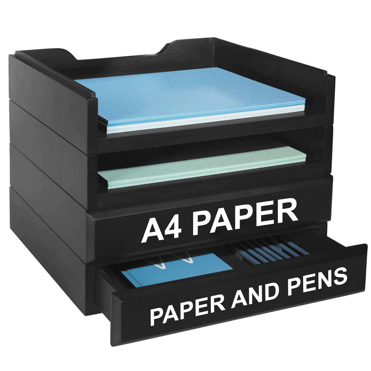 Organizational desktop drawer unit with labeled compartments for A4 paper and pens.