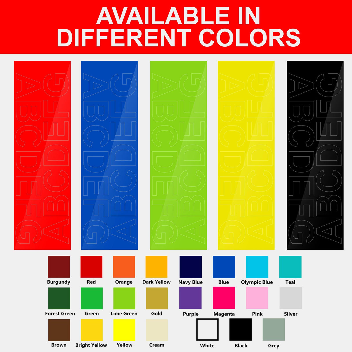 Vinyl removable letter stickers showcasing various color options for easy labeling and decoration.