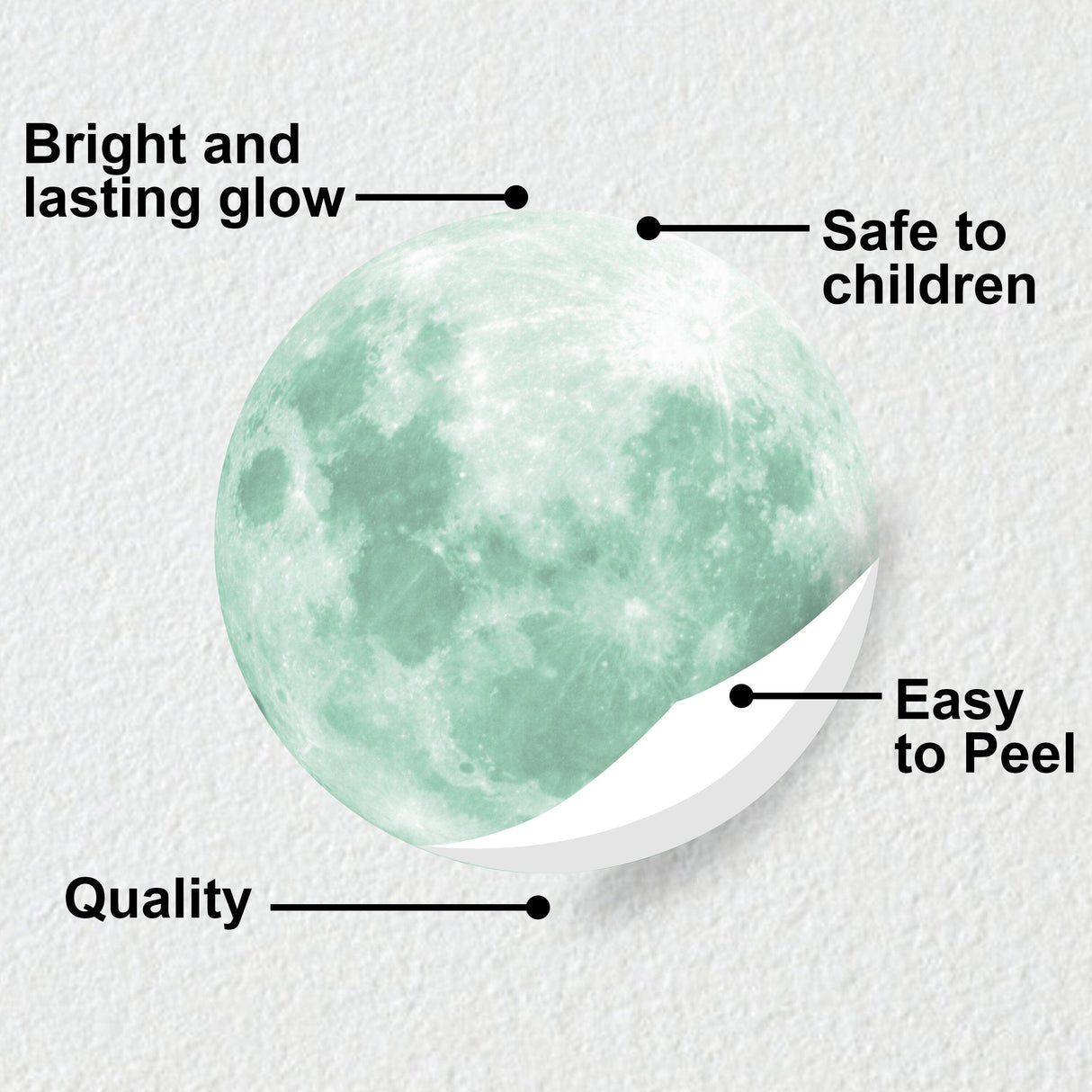 Glow in the dark full moon wall sticker with features highlighting bright glow, safety, easy peel, and quality.